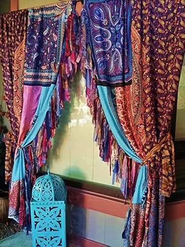 EthinicCraftHub 2 Stück indische Seiden-Sari-Vorhang, Fensterbehandlungen, Boho, Hippie, Bohemian-Stil, Wandbehang, Hippie-Raumdekor-Vorhang