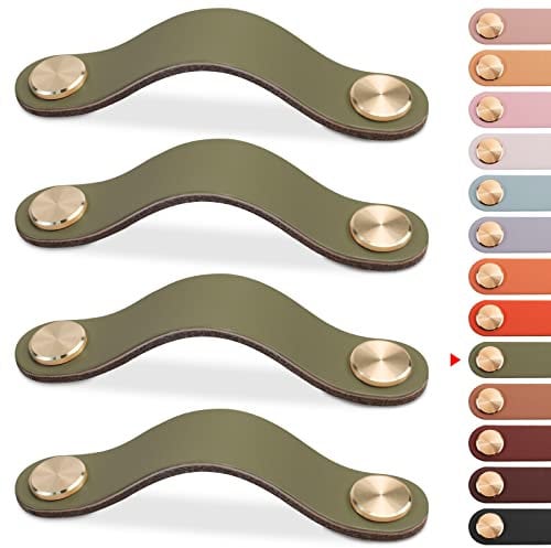 LEREATI 4pcs Poignée Meuble Cuir, Bouton Porte Placard Poignee Cuir Bouton de Tiroir, Poignee de Meuble Vintage pour Armoires, Commode, Cuisine, Salle de Bain (Vert, 128mm)
