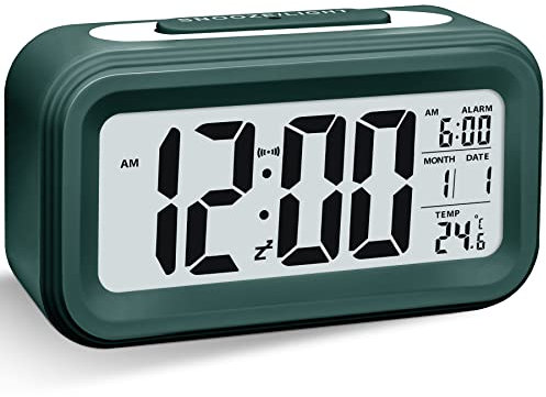 Larkumio Despertador Digital Pilas, Reloj Despertador Inteligente Alarm Clock Silencioso Sin Tic TAC, LED Despertador Infantil con Temperatura Fecha para Adultos Niño Juvenil Niña Años, Verde Oscuro