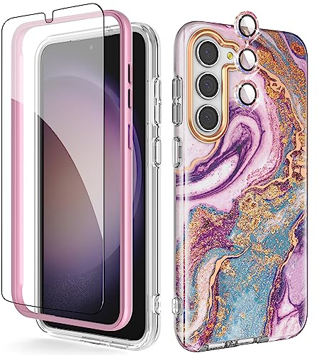 Chvelop für Samsung S23 Plus Hülle mit Schutzfolie + Stoßfänger & Kameraschutz, TPU Stoßfest 360°-Schutz, Samsung Galaxy S23 Plus Hülle Glänzend Fade-Resistant Muster Handyhülle S23+ Plus, Lila