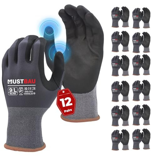 Mustbau Professionelle Arbeitshandschuhe, Rutschfeste Nitril-Beschichtung, Industrie-Schutzhandschuhe für Mechanik und Werkstatt, Montagehandschuhe