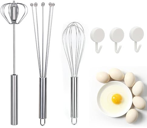 PLATEYTR 3 Set Professional Egg Hand Whisk Beater With 3 Hooks - Stainless Steel Hand Push Semi Automatic Blender Mixer for Quick and Efficient Whisking