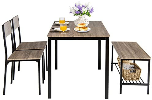 COSTWAY Esstisch Set 4-teilig, Küchentisch mit 2 Stühlen & 1 Bank & Regal, Essgruppe Sitzgruppe Industrie, Esszimmertisch Metallrahmen, Bartisch Set für Küche & Esszimmer (Grau)