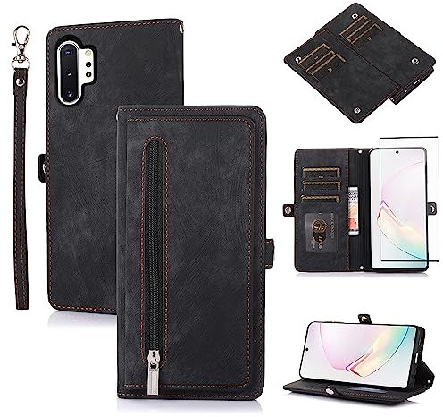 Asuwish Phone Case for Samsung Galaxy Note 10 Plus Note10+ 5G Wallet Cover With Tempered Glass Screen Protector and Flip Zipper Card Holder Cell Note10 + Notes 10+ Ten Not S10 10Plus Women Men Black