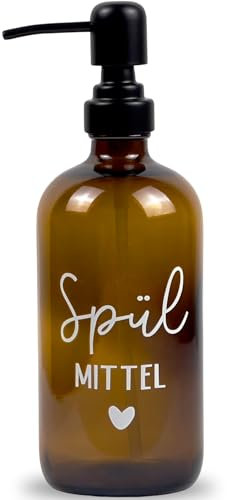 Glas Seifenspender 500ml - Schwarzer Pumpspender, Spülmittelspender für Küche. Handseifenspender für Badezimmer (Braun, Spülmittel mit Metallspender)