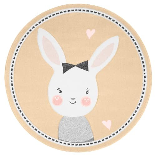Rug-QJDDUP Tapis Rond décoratif Chambre d'enfant Fille garçon, Rose Noir Gris Beige Blanc imprimé Lapin Design Moderne, Poils Courts Doux, Facile à Nettoyer,Beige, ø 120 cm