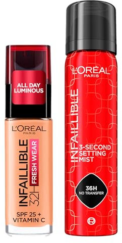 L'Oréal Paris Infaillible flüssiges Make-up 32H Fresh Wear SPF 25 Waterproof mit Vitamin C Farbe 250 Sable Eclat + Fixierspray 3-Second Setting Mist für Gesichts-Make-up ohne Transfer 75 ml – 2