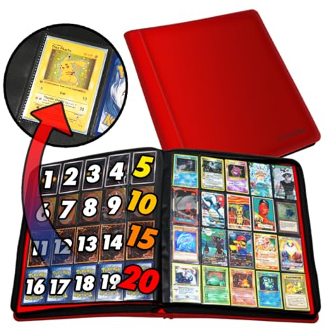 1280+ Karten 20 Pocket Card Binder Sammelkarten Album - Seiten Kompatibel mit Pokemon Karten, Sportkarten, Yugioh, MTG und Anderen TCG - Sammelkartenhülle mit seitlichen Loading Pockets (Rot)