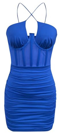 Kleid Damen Sexy Damen Sexy Mesh Durchsichtiges Träger Einfarbig Slim Fit Plissee Hüfte Fischgrätenkleid Frauen Sommer Feste Farbe Kleid (Blue, S)