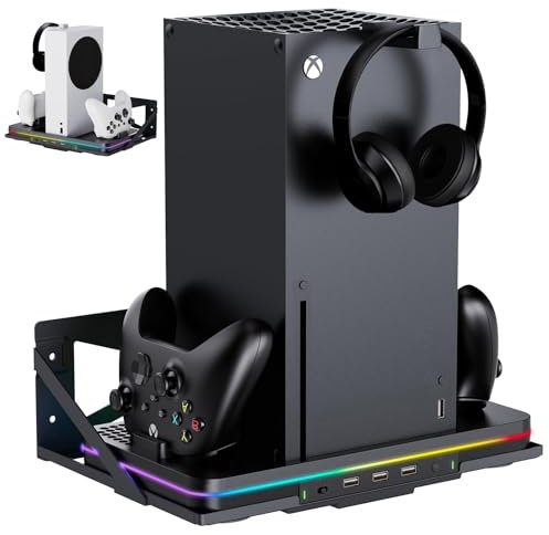 Wall Mount with Cooling Charging Stand for Xbox Series X/S,Vertical Dual Controller Charger Station Compatible Xbox Series X/S Console Accessories with Cooling Fan, 3 USB Ports&2 Headset Stand (3)