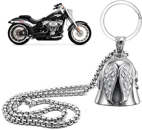 WYTNB Motorrad Glocke Glücksbringer Set, Schutzglocke Engel Reitglocke, Motorradglocke Schlüsselanhänger, Metalllegierung Motorradglocke mit Kette, Guardian Biker Bell für Segne Frieden Glück