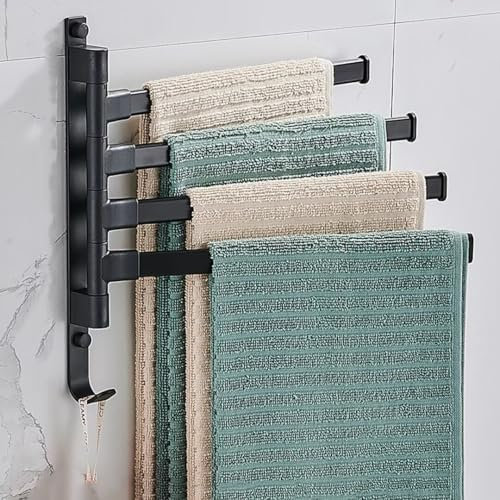 Hovoto Porte-serviettes mural sans perçage : porte-serviettes de bain rotatif à 180° à 4 bras - Porte-serviettes autocollant pour salle de bain et cuisine, noir