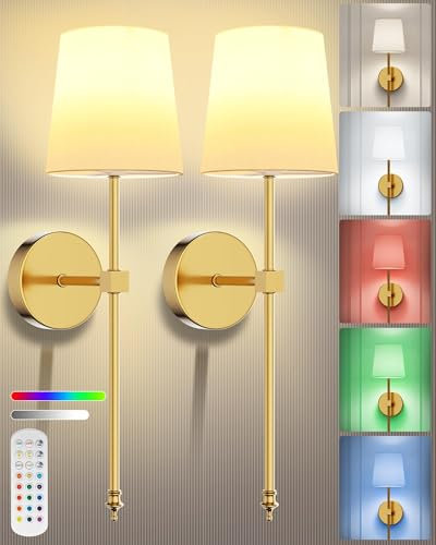 rhinowisdom wandleuchte innen 2er-Set, Wiederaufladbare Wandlampen, 15-farbige dimmbare magnetische abnehmbare Glühbirnen mit Fernbedienung, Kabellose Wandlampen für Schlafzimmer, Wohnzimmer, Flur