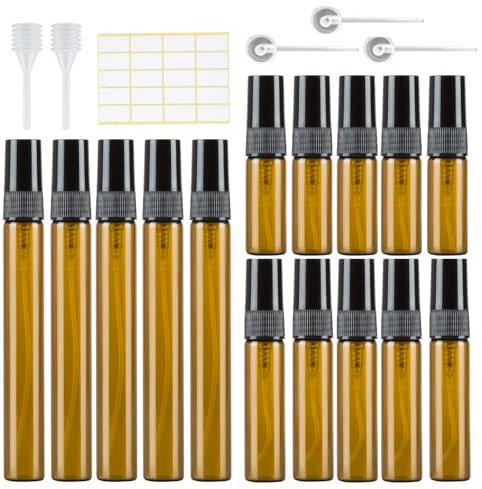 Lot de 15 vaporisateurs de parfum ambré vides en verre - Petit à remplir - Mini poches à pompe - Rechargeable - Pour voyage - 3 ml/5 ml/10 ml - Avec tête de pressage à pipettes