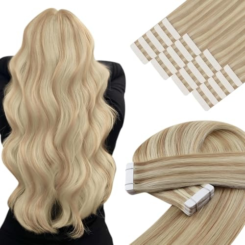 YoungSee Tape Extensions Echthaar Blond 50 cm Echthaar Extensions Tape Aschblond mit Platinblond Invisible Tape in Extensions 50 Gramm Tape Echthaar Extensions Remy für Damen 18/613