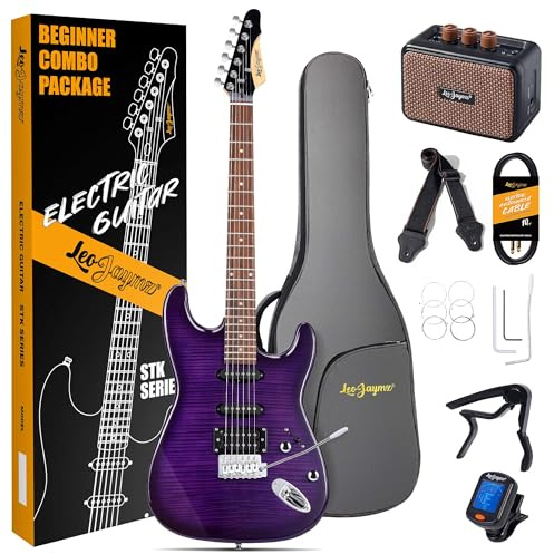 Leo Jaymz 39 Full Size ST Style Electric Guitar Starter Kit with SSH Pickup, 5W Portable Amp, Tuner, Gig Bag, Strap & Accessories(Violet Flame 5W)