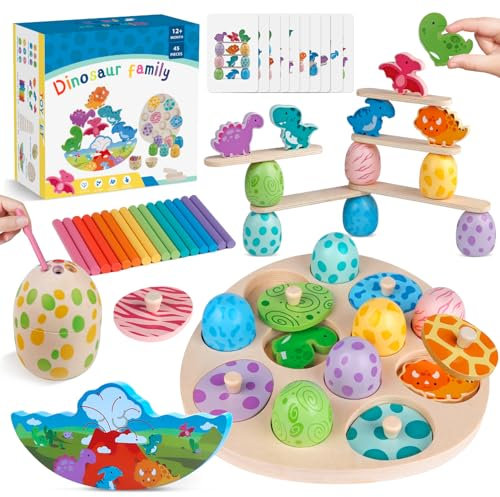 Aliex 4 in 1 Holzspielzeug ab 2 3 4 Jahre, Baby Montessori Spielzeug Dinosaurier Holzpuzzle Dino Eier Farbe Stapeln Sortieren Motorikspielzeug Lernspiele Geschenk für Kinder ab 1 Jahr
