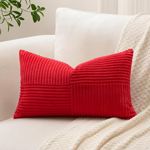 Sungeek 1 Stück Cord Kissenbezug, Kreuz Streifen Muster Kordsamt Kissenbezüge Sofakissen Dekokissen Patchwork Design Deko Zierkissenbezüge Kissenhülle für Wohnzimmer (40x60cm, Rot)