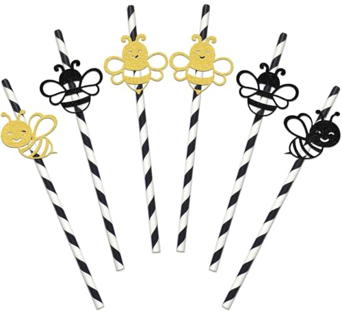 24Pcs Bee Paper Straws Bee Birthday Party Decoration Happy 1st Bee Day Straws Bee Baby Shower Party Supplies Gold Black Glitter