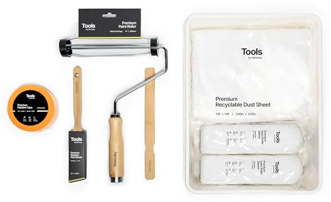 Painting Kit 9 | Paint Roller Set Includes 9 Inch Roller Frame, 2 Mid Pile Roller Sleeves, 1.5 Cutting in Brush, 12 ft Dust Sheet, Paint Stirrer, Roller Tray & Painters Tape for Decorating - Hemway