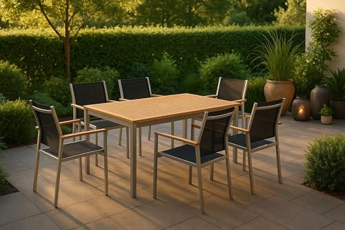 Villana Garten-Essgruppe mit 6 Stapelstühlen, Silber, Alu/Eukalyptus, ausziehbarer Tisch 150/200 x 90 cm