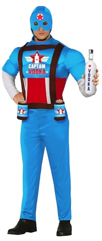 FIESTAS GUIRCA | Captain Vodka Fancy Dress Costume Adult (54-56/XL) - T-Shirt, Hood, Belt, Trousers and Can Holder - Superheroes and Villains for Stag Do, Carnival and Parties - Man - Blue and Red