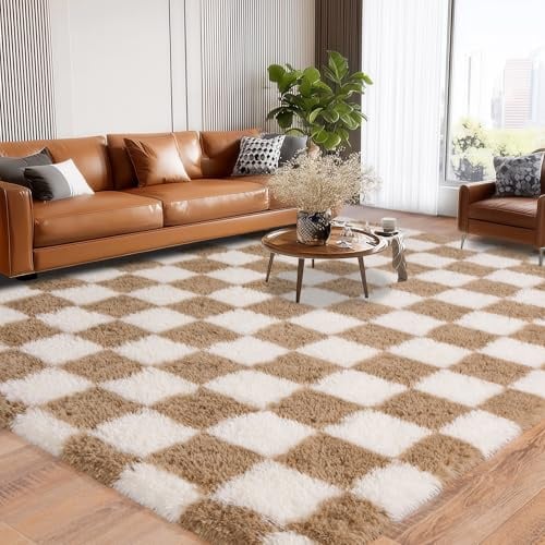 BSGIFT Hochflor Teppich Flauschig Kariert 160x230, Plüsch Teppich Shaggy Langflor für Schlafzimmer Wohnzimmer Kinderzimmer, Modern Wohnzimmerteppich Bettvorleger rutschfest, Creme und Braun