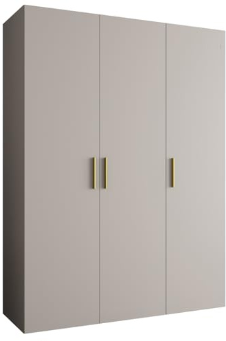 MEBLE KRYSPOL - Kleiderschrank - Garderobenschrank - 150 cm x 202 x 52 cm - Schrank mit Kleiderstange, 3 Türen - für Schlafzimmer, Flur - BARI, Kaschmir, Griff Gold
