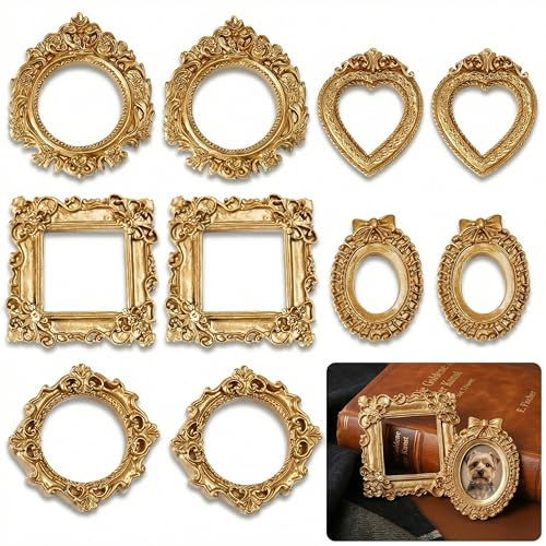 VVPENA 10 Stück Mini Bilderrahmen Vintage, Kleine Goldene Frames, Miniatur Bilderrahmen für Puppenhäusern Weihnachtsdeko Bilder Geprägte Fotorequisiten