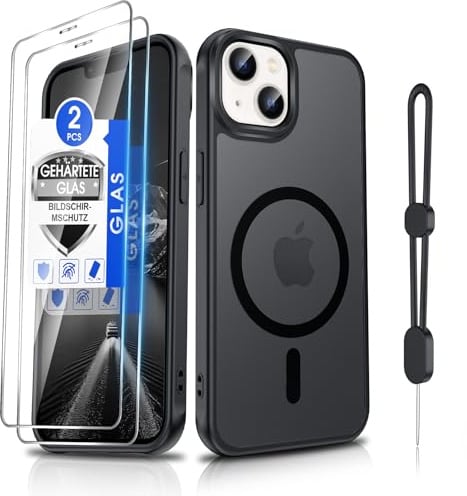 Dizn Magnetisch Hülle für iPhone 13/14 für MagSafe & 2 Panzerglas Folie, Magnet Case mit Band, Matt Transparente HandyHülle,Militärstandard Schutz, Handyhülle für iPhone13/iPhone14,Schwarz