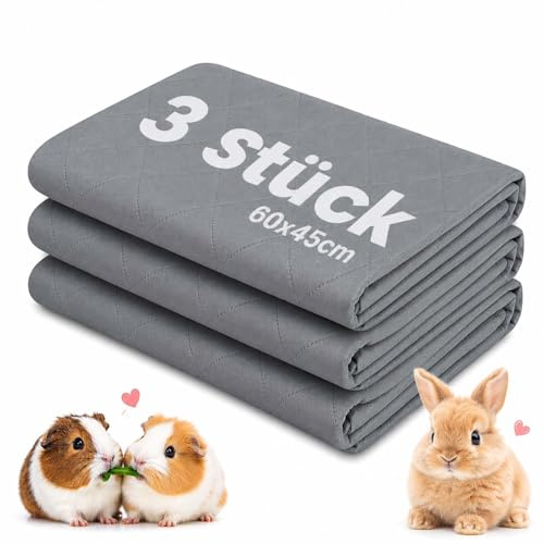 3 Stück 60×45cm Pipipads für Meerschweinchen, waschbare saugstarke PIPI Matte und Wiederverwendbare Käfigeinlage, Meerschweinchen Zubehör für Hamster, Kaninchen und Kleintiere, Käfig, Sofa und Boden