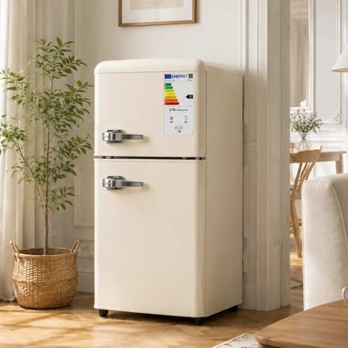YEHTOKHOME Frigorifero a 2 porte, piccolo frigo, 7 livelli di regolazione della temperatura, illuminazione a LED, ripiani regolabili, classe energetica E, per cucina, soggiorno e ufficio (bianco
