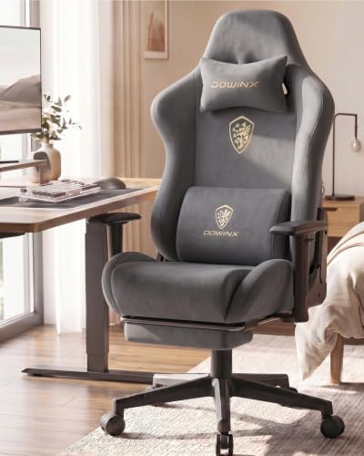 Dowinx Gaming Stuhl, Ergonomischer Gamer Chair mit Fußstütze, Wildlederimitat Gaming Sessel mit 90°-155° Rückenlehne, 150KG Belastbarkeit PC Stuhl, Computerstuhl mit Flüsterleise PU-Rollen, Grau