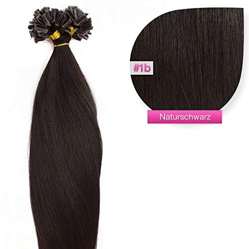 Naturschwarze Bonding Extensions aus 100% Remy Echthaar - 250x 1g 60cm Glatte Strähnen - Lange Haare mit Keratin Bondings U-Tip als Haarverlängerung und Haarverdichtung in der Farbe #1b Naturschwarz