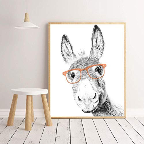 Juabc Wandbild Tier Esel Esel Leinwand Kunst Poster Drucke Kinder Kinderzimmer Wanddekoration Mit Sonnenbrille Schwarz Weiß Gemälde 50x70 cm Kein Rahmen