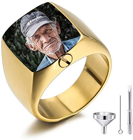 MeMeDIY Personalisierte Urne Ring Siegelring für Frauen Männer Haustier Gravur Farbe Bild Gedenktaschenhalter aus Edelstahl Souvenir mit Trichterbausatz Ringgrößeneinsteller (Gold Größe 60)