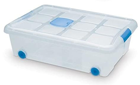 Tradineur - Caja con ruedas y tapa de plástico de 18,5 x 60,3 x 43 cm, con capacidad para 31 litros. Baúl con tapa para organización del hogar. Arcón de plástico para distintos usos