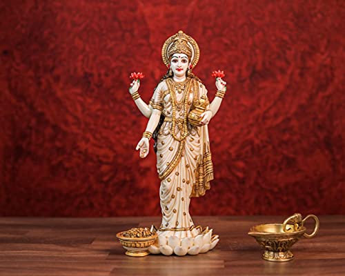 SHIVAJI ARTS Lakshmi Statue 26 cm handbemalt Staubmarmor stehend Lakshmi Idol, Hindu-Göttin des Geldes Reichtums, Fülle und Fruchtbarkeit & Wohlstand