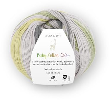 Pro Lana Baby cotton COLOR (organic) 50g/155m Lauflänge, 100 % Bio-Baumwolle (Oeko-Tex zertifiziert), NS 3,0-3,5 (hellgrau/grün)