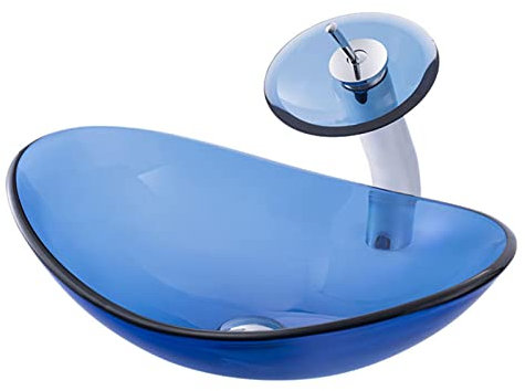 Badezimmer-Waschbecken 54 cm, blaue Glas-Waschbecken, runde Waschbecken-Schüssel, Arbeitsplatten-Waschbecken mit Wasserfall-Wasserhahn und Ablaufgarnitur