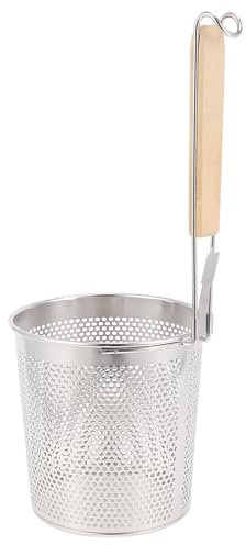 Housoutil Stainless Steel Noodle Basket, Fine Mesh Pasta Basket with Wooden Handle, Large Capacity Noodle Strainer for Pasta Ramen Oden Spicy Hot Pot