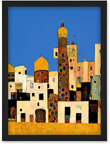 Doppelganger33 LTD Klimt Style Moroccan Cityscape Blue Gold Artwork Framed Wall Art Print A4