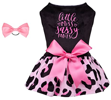 CuteBone Little Miss Sassy Pants Hund Leopardenmuster Kleid Samt für kleine Hunde Mädchen Welpen Kleider Rosa Hundekleidung CVA15XS-DE