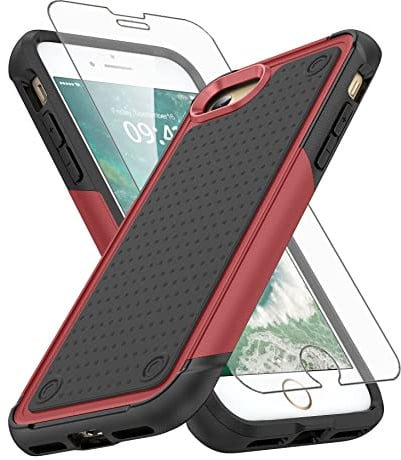Asuwish Phone Case for iPhone 7/8/SE 2020/2022 with Tempered Glass Screen Protector Cover and Slim Rugged Cell Accessories iPhone7 iPhone8 7s 8s i SE2020 SE2022 2/2nd/3/3rd SE2 SE3 Women Men Red+Black