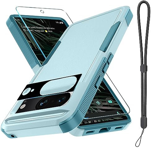 for Google Pixel 8 Case, Full Body Heavy Duty Rugged Shockproof Protective Phone Cover with Lanyard Strap, Tempered Glass Screen Protector and Camera Lens Cover, Mint Green