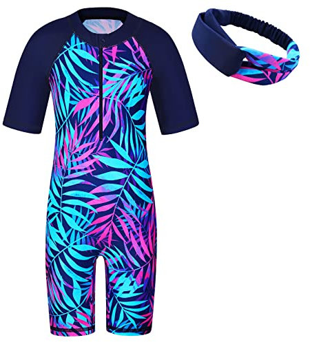 ZNYUNE Mädchen Einteiler Kurzärm Badeanzug Stoffdruck Kinder Schwimmanzug+Haarreif S419 NavyLeaves 14A