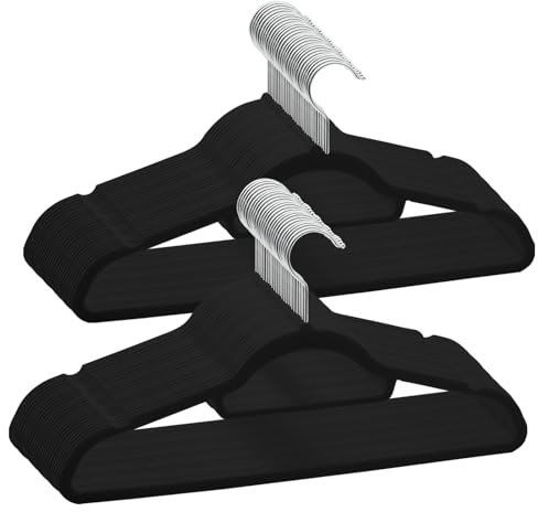 ABHENG 50 Stück Kleiderbügel Samt,Anzugbügel Platzsparend, Hosenbügel,360° Drehbarer Haken,rutschfeste und strapazierfähige mit Krawattenhalter,43B x 22H cm, für Mäntel,Kleider,Hemden,Schwarz,AFY0450B