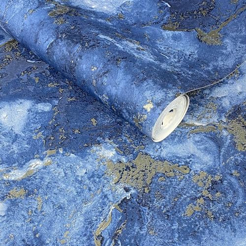 World of Wallpaper, Luxe Collection, Papier Peint effet Marbre - Fond D'écran pour Salon, Boutique, TV, Chambre, Couloir, Décoration - Moderne Design Decoratif Papier Peint - Bleu/Doré