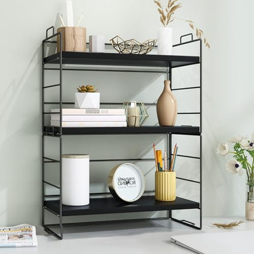 kyaoayo Desktop-Bücherregal Tischregale, 3 Schicht Schreibtisch-Organizer, Einstellbar Schreibtisch-Aufbewahrungsregal, Bücherregal, Küchenregal, Kosmetikregal (Schwarz, Dreifachregal 3 Lagen)