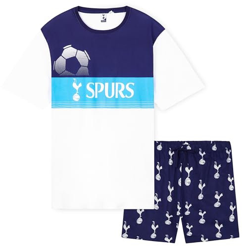 Tottenham Hotspur F.C. Pyjamas for Men Set Short PJs Lounge Set Sleepwear Breathable Nightwear Spurs Football Gifts for Men (White/Navy, L)